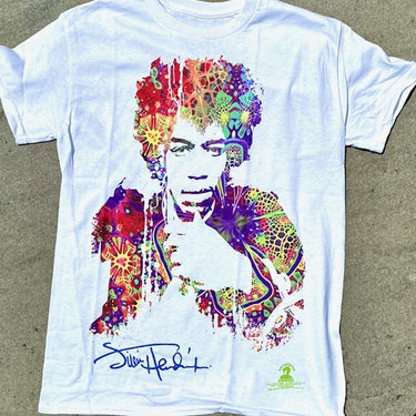 T-shirt: Hendrix, Riding the wind. Psycodelic white tee.