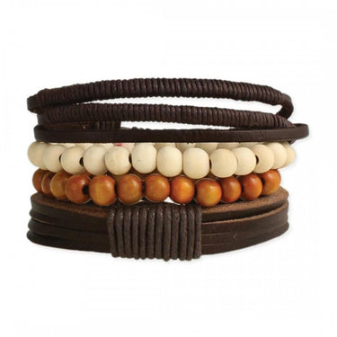 Bracelet - Men's Rustic Leather & Wood Bracelet Set