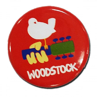 BUTTON-RED WOODSTOCK BIRD W/GUITAR